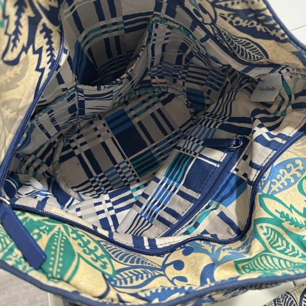 Vera Bradley Shoulder Bag Womens Medium Blue Green Floral Quilted Cotton Zip Top